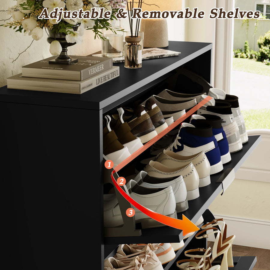Elora black flip-drawer shoe cabinet with adjustable removable dividers