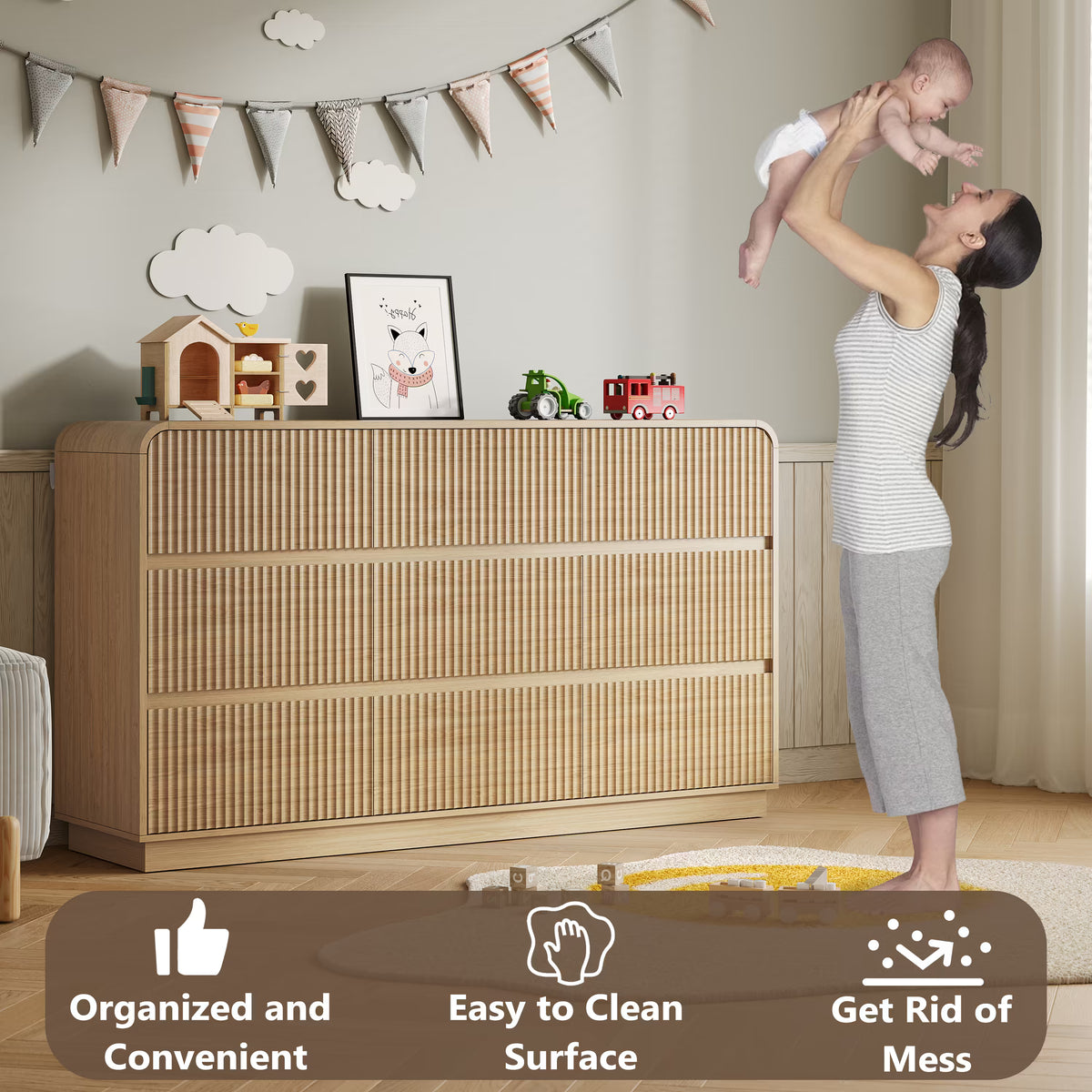 Safety features of the oak nursery dresser including curved edges and anti-tip wall device