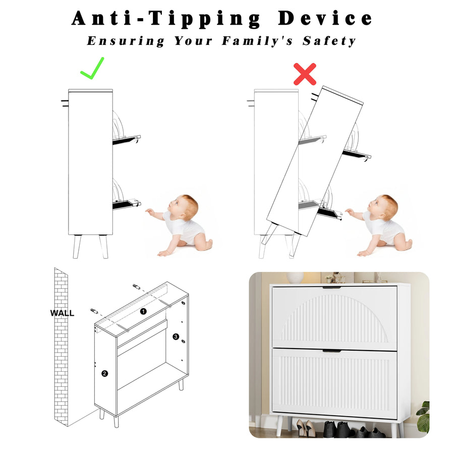 Elora white shoe cabinet anti-tip wall anchor safety diagram