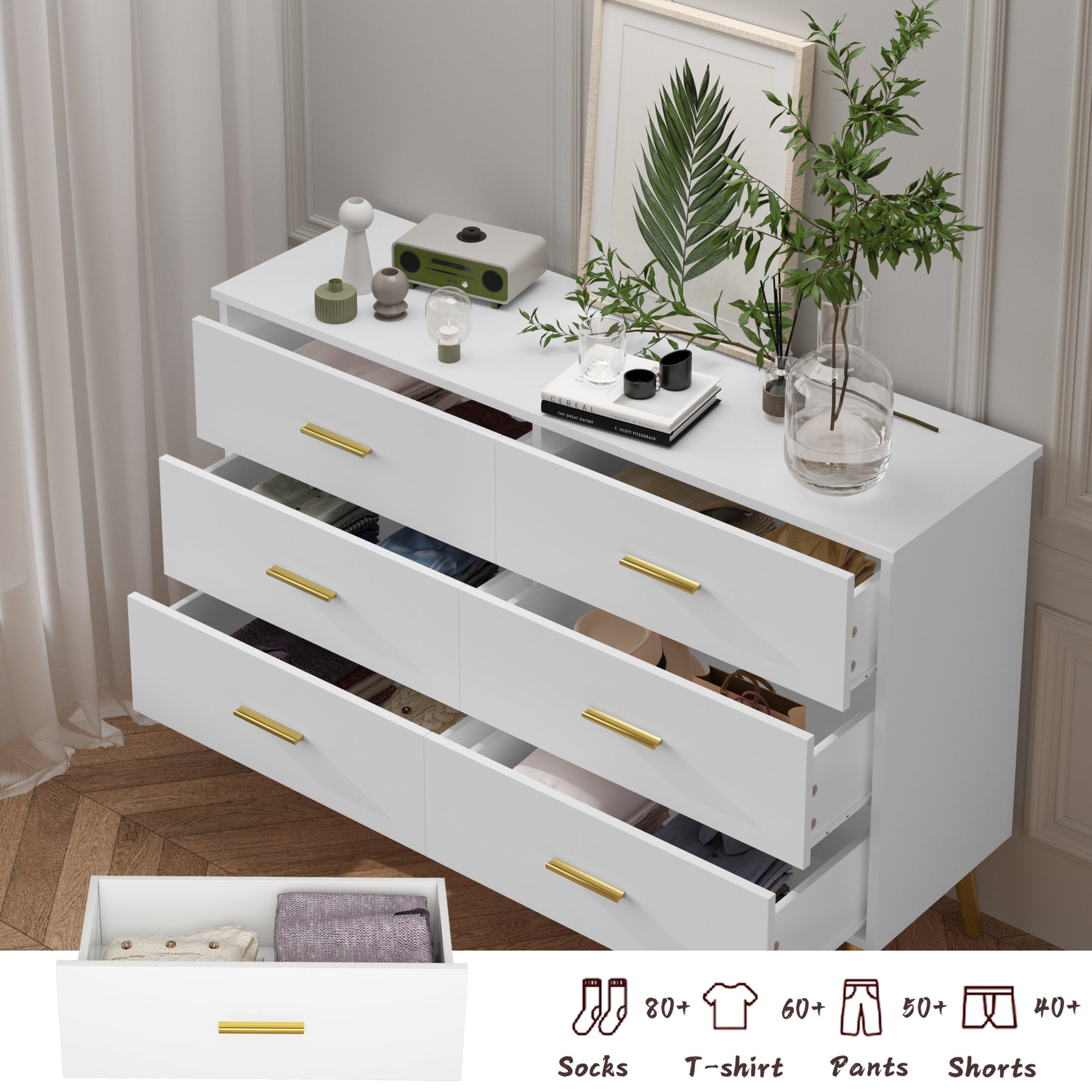 Anymple 6-Dresser with LED Lights, Modern Large Capacity Storage Cabinet, Living Room, Hallway