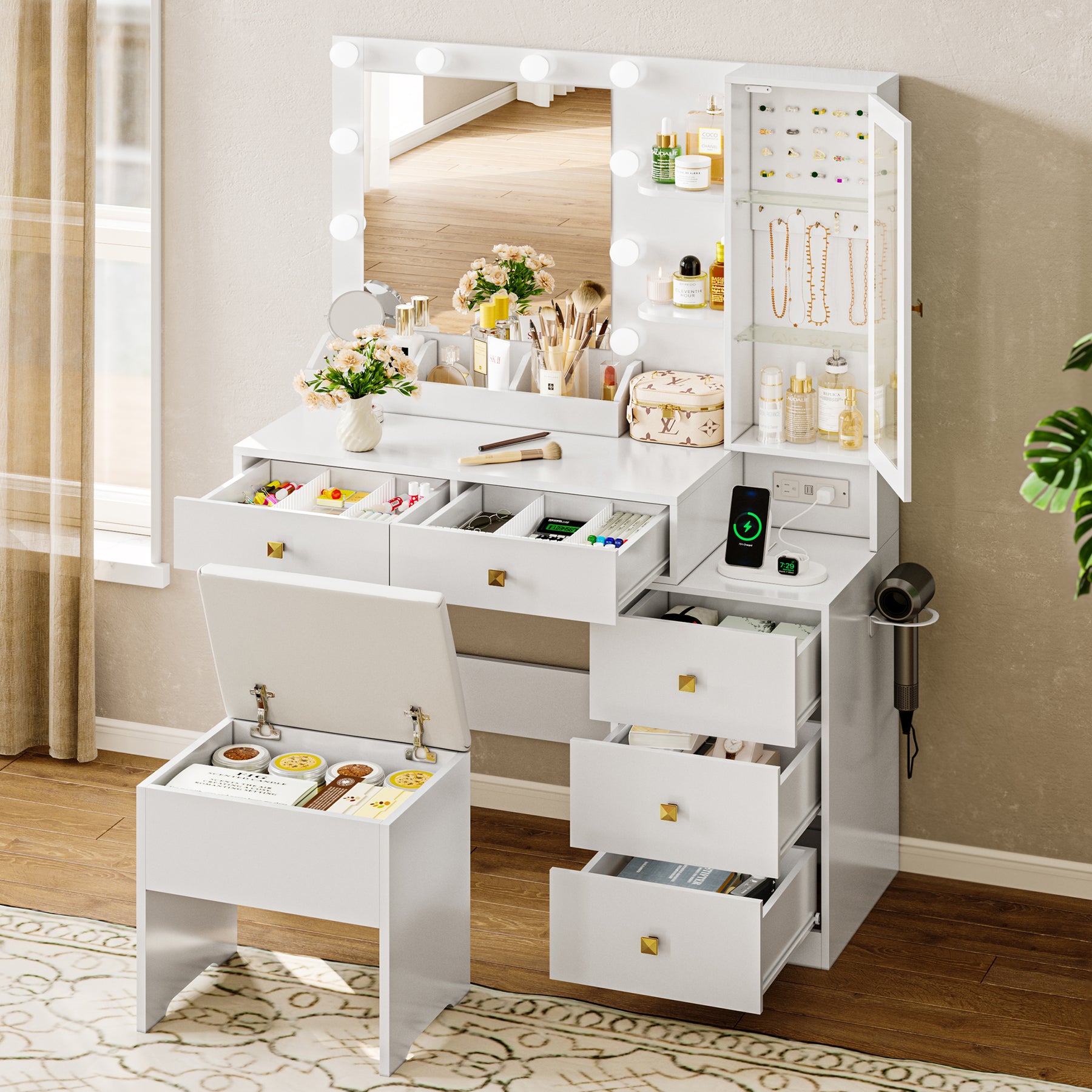 Lighted Makeup Vanity with Jewelry Cabinet