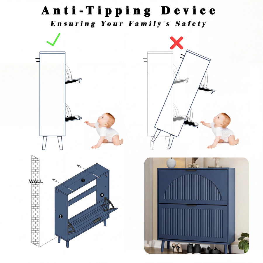 Elora blue shoe cabinet anti-tip wall anchor safety diagram