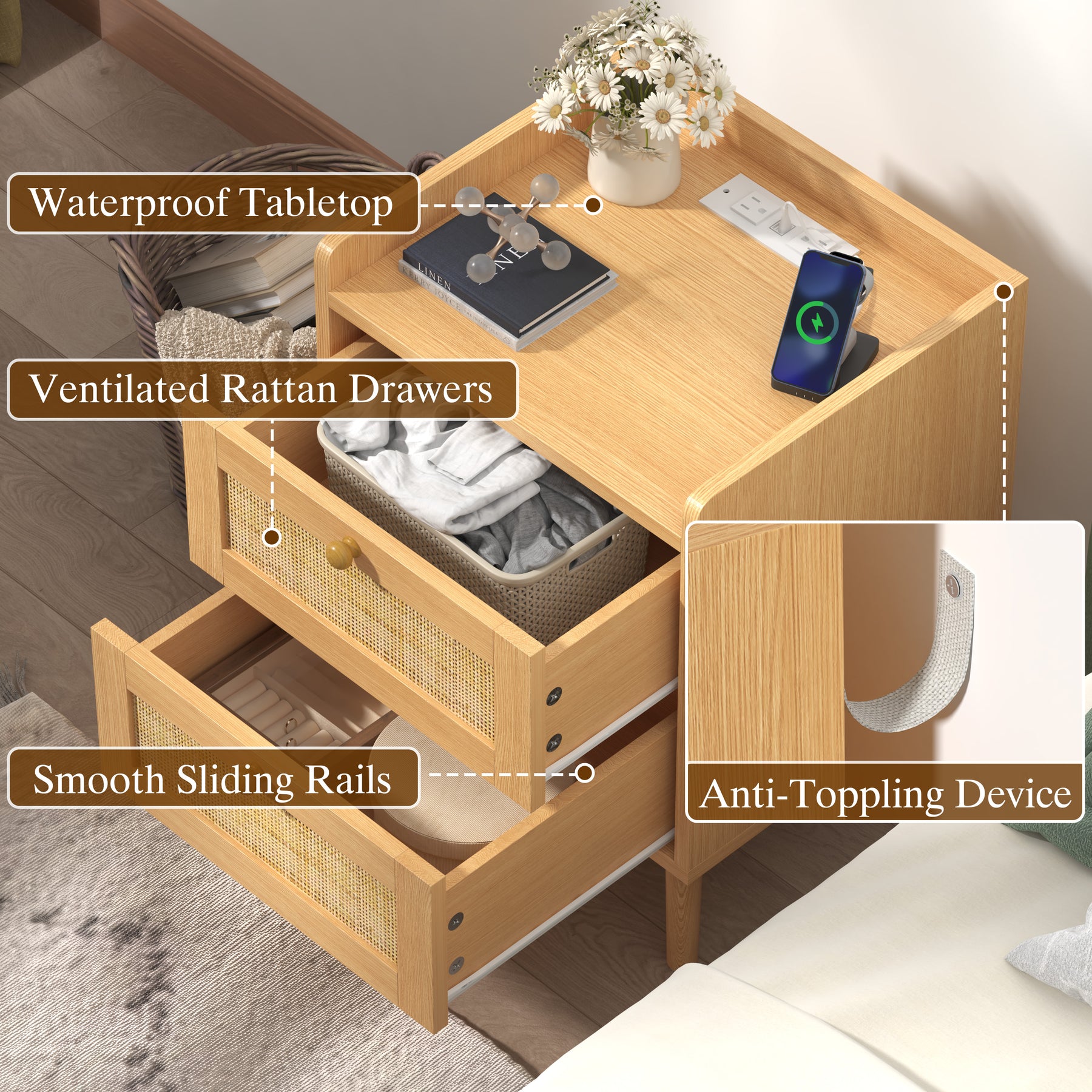 Caneva Nightstand with Charging Station