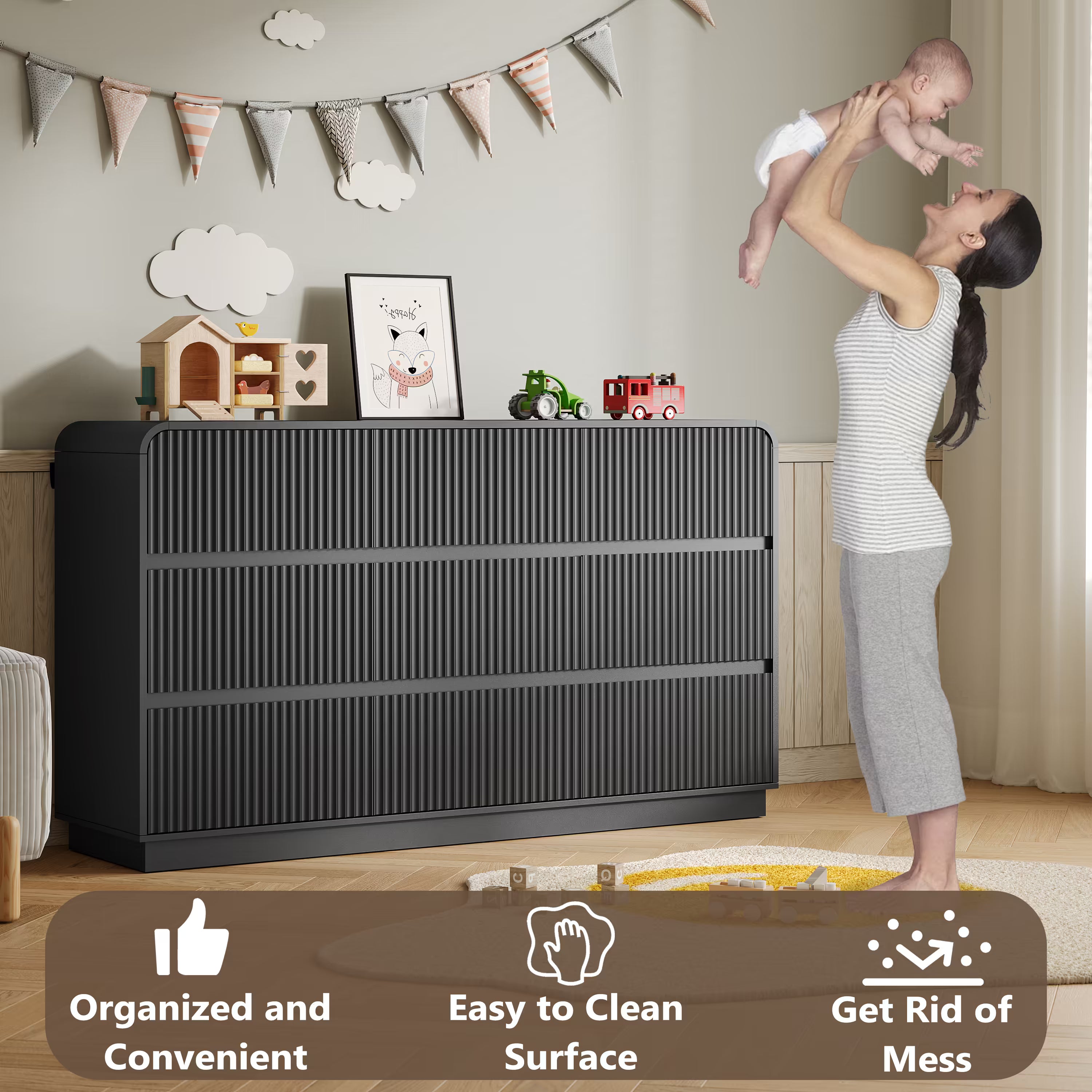 Safety features of the black nursery dresser including curved edges and anti-tip wall device