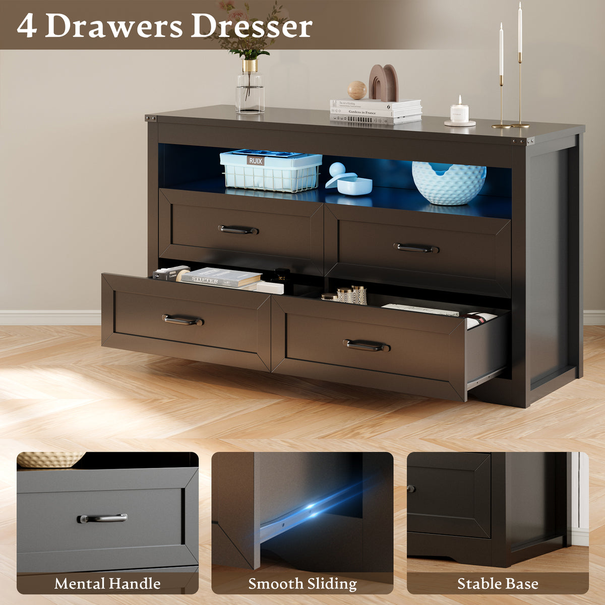 Liora 47" Four-Drawer Dresser with LED Shelf