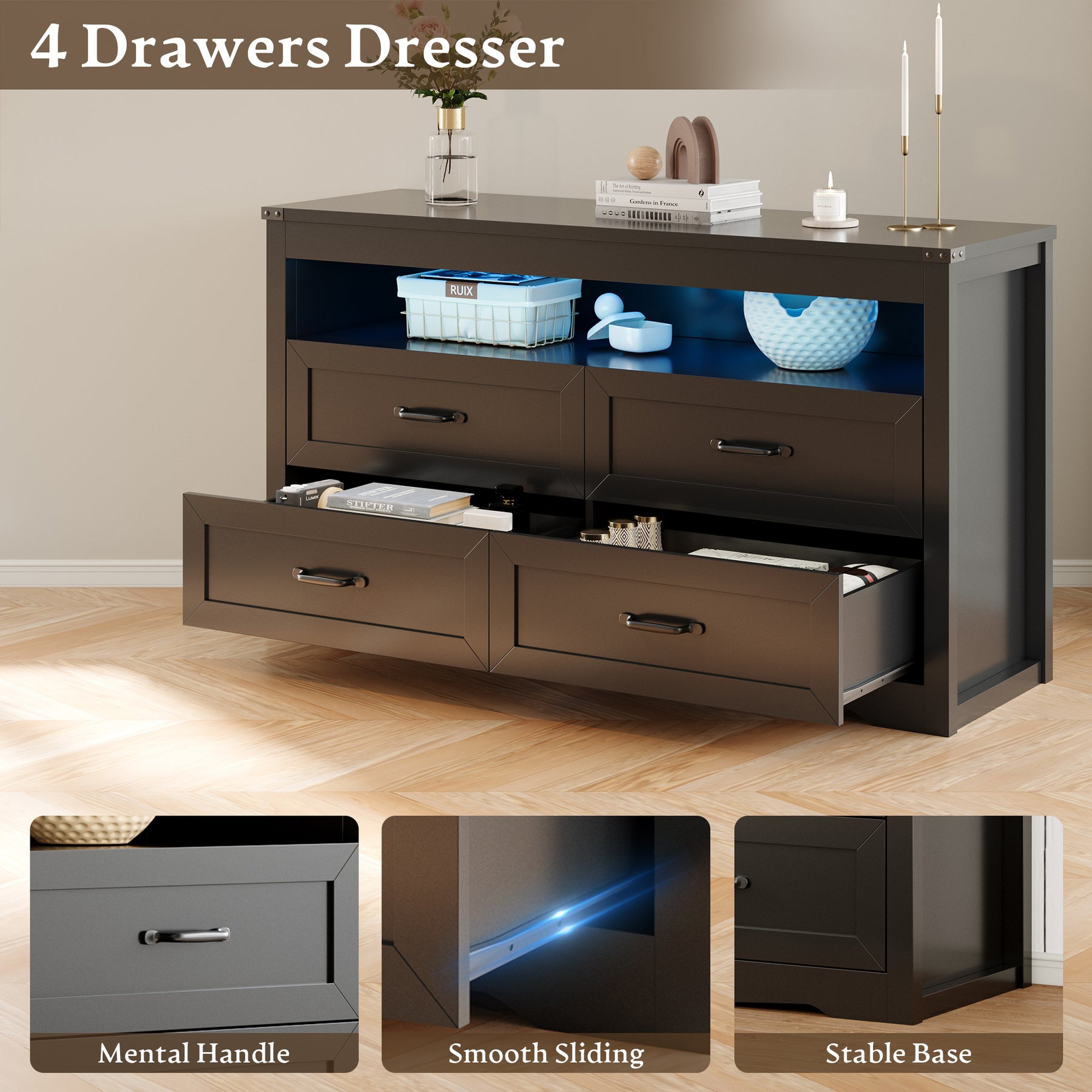 Liora 47" Four-Drawer Dresser with LED Shelf