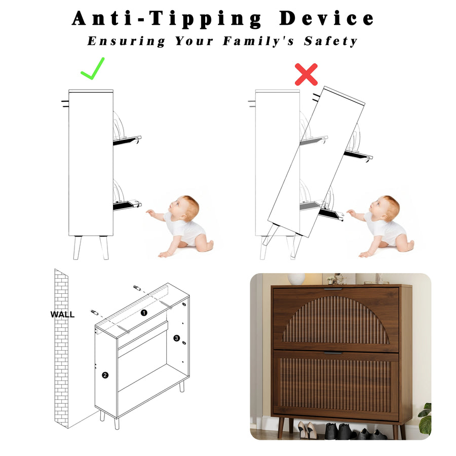 Elora walnut finish shoe cabinet anti-tip wall anchor safety diagram