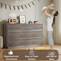 Safety features of the gray nursery dresser including curved edges and anti-tip wall device