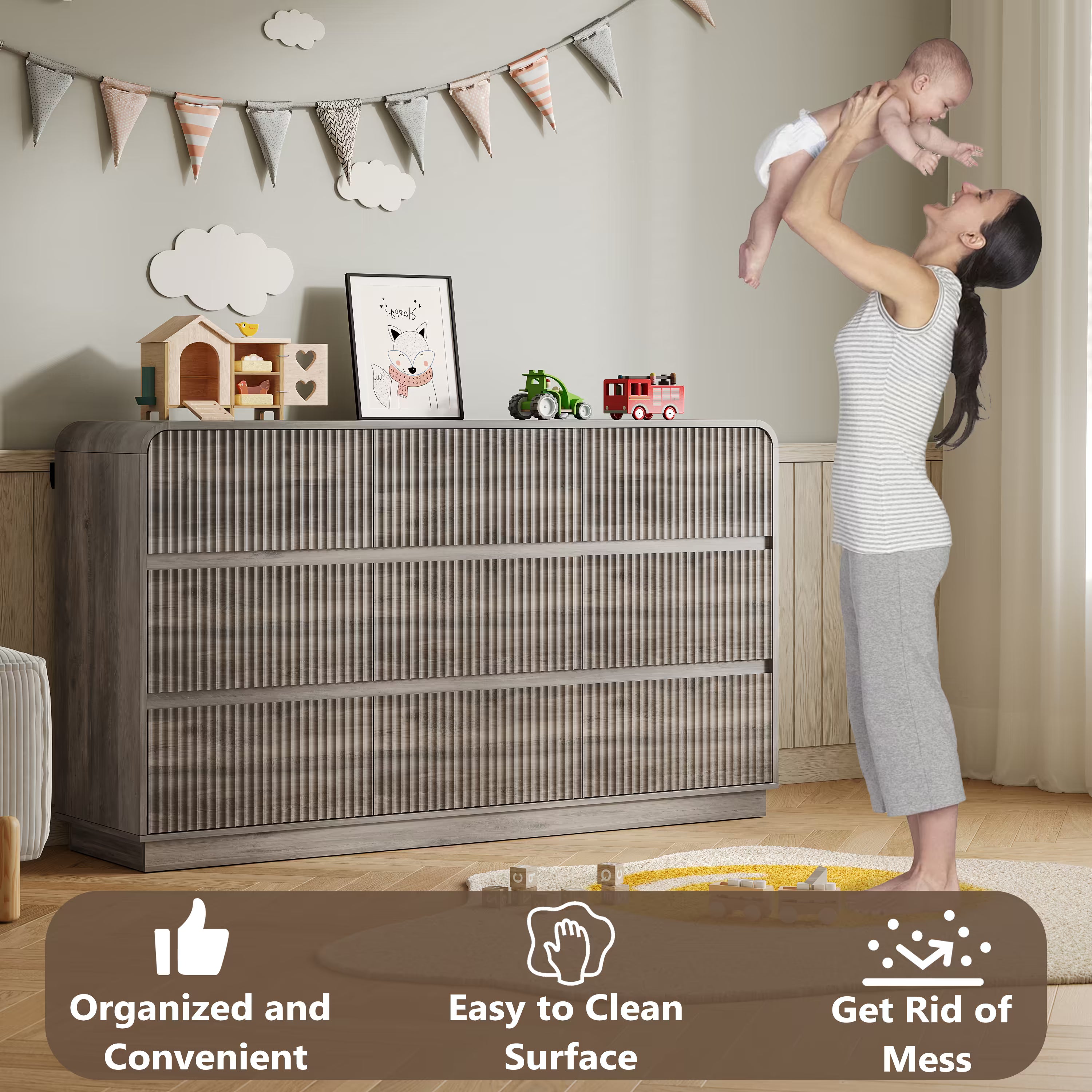 Safety features of the gray nursery dresser including curved edges and anti-tip wall device