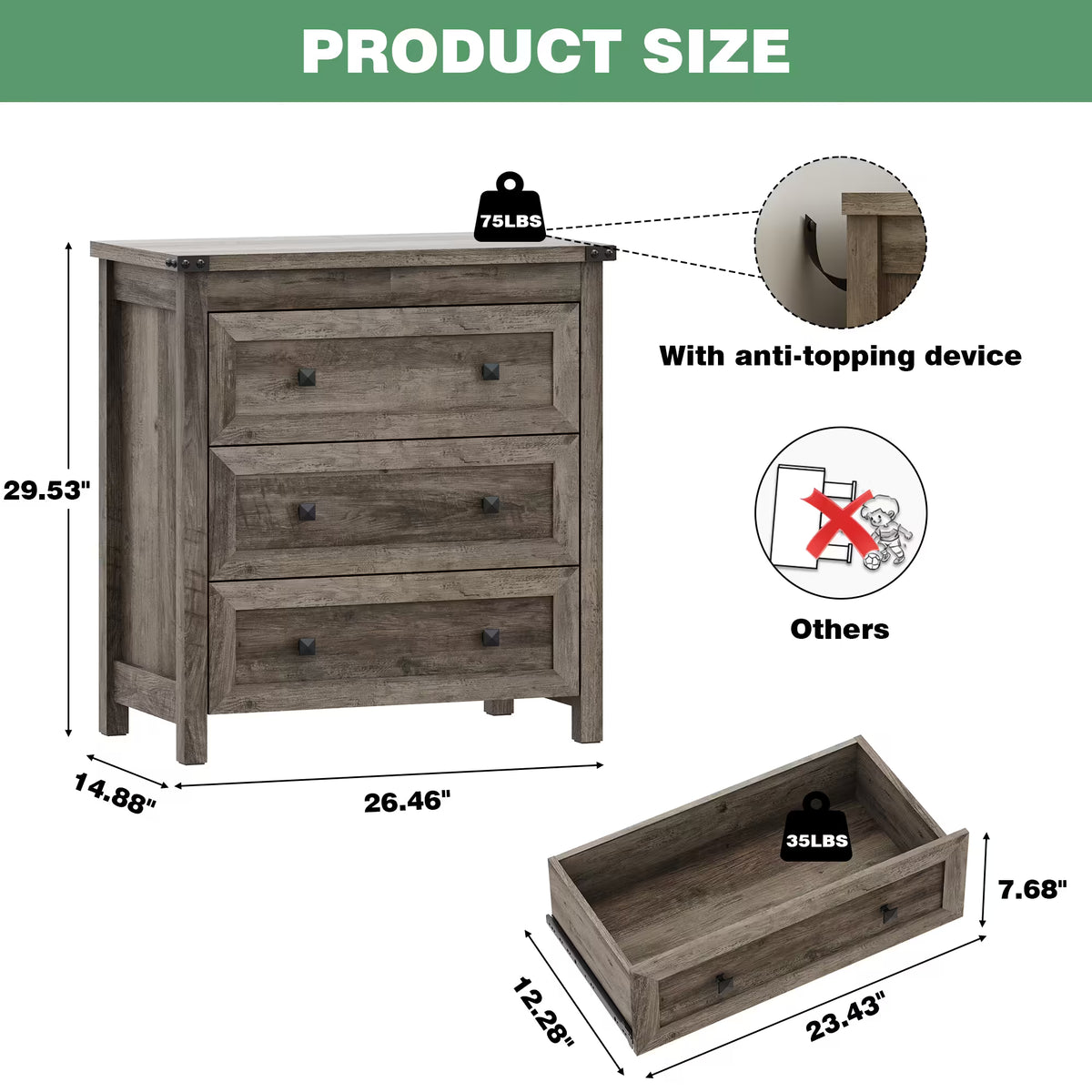 Farmhouse Nightstand with 3 Drawers – Wood Bedside Table