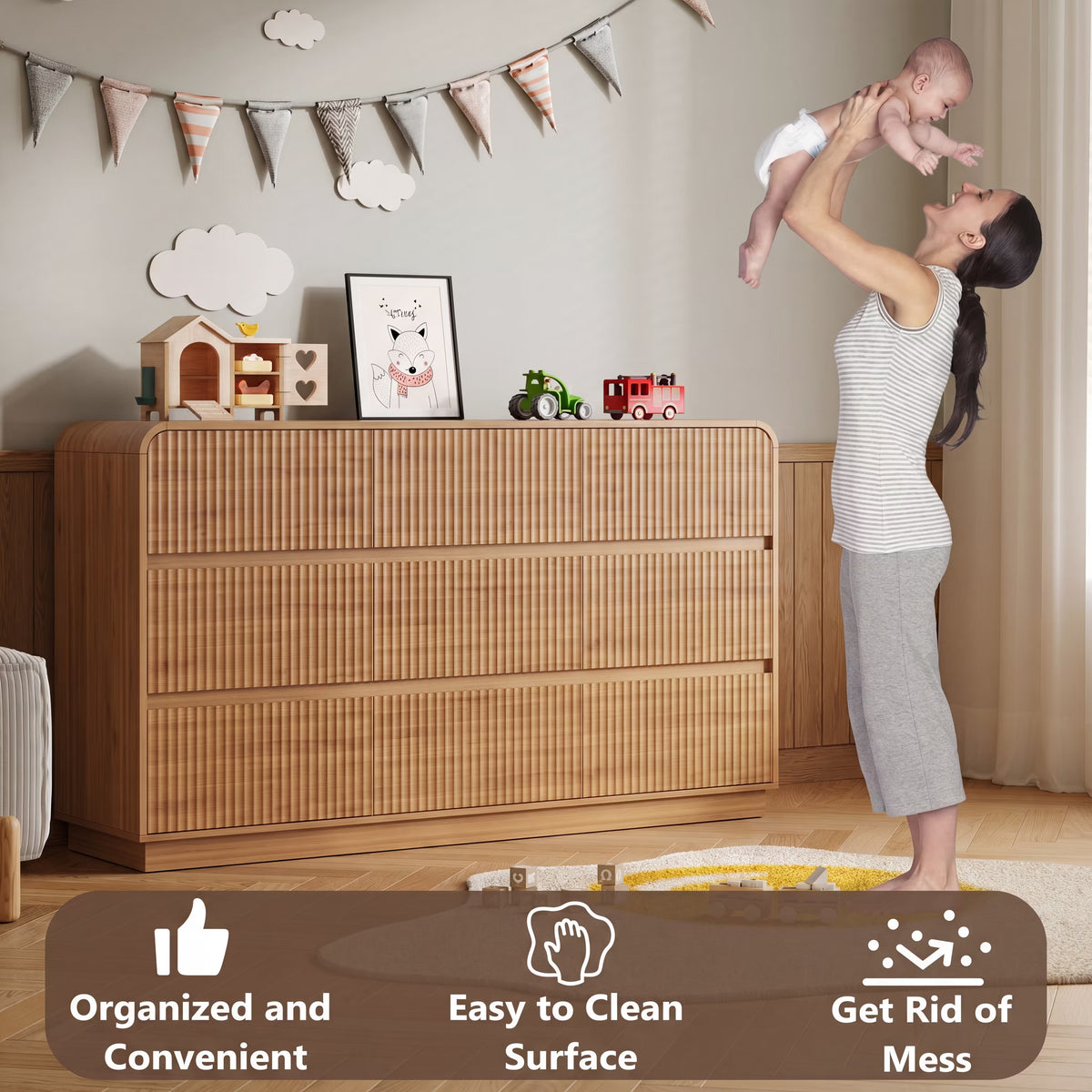 Child playing safely on the floor next to a sturdy fluted walnut wood kids dresser