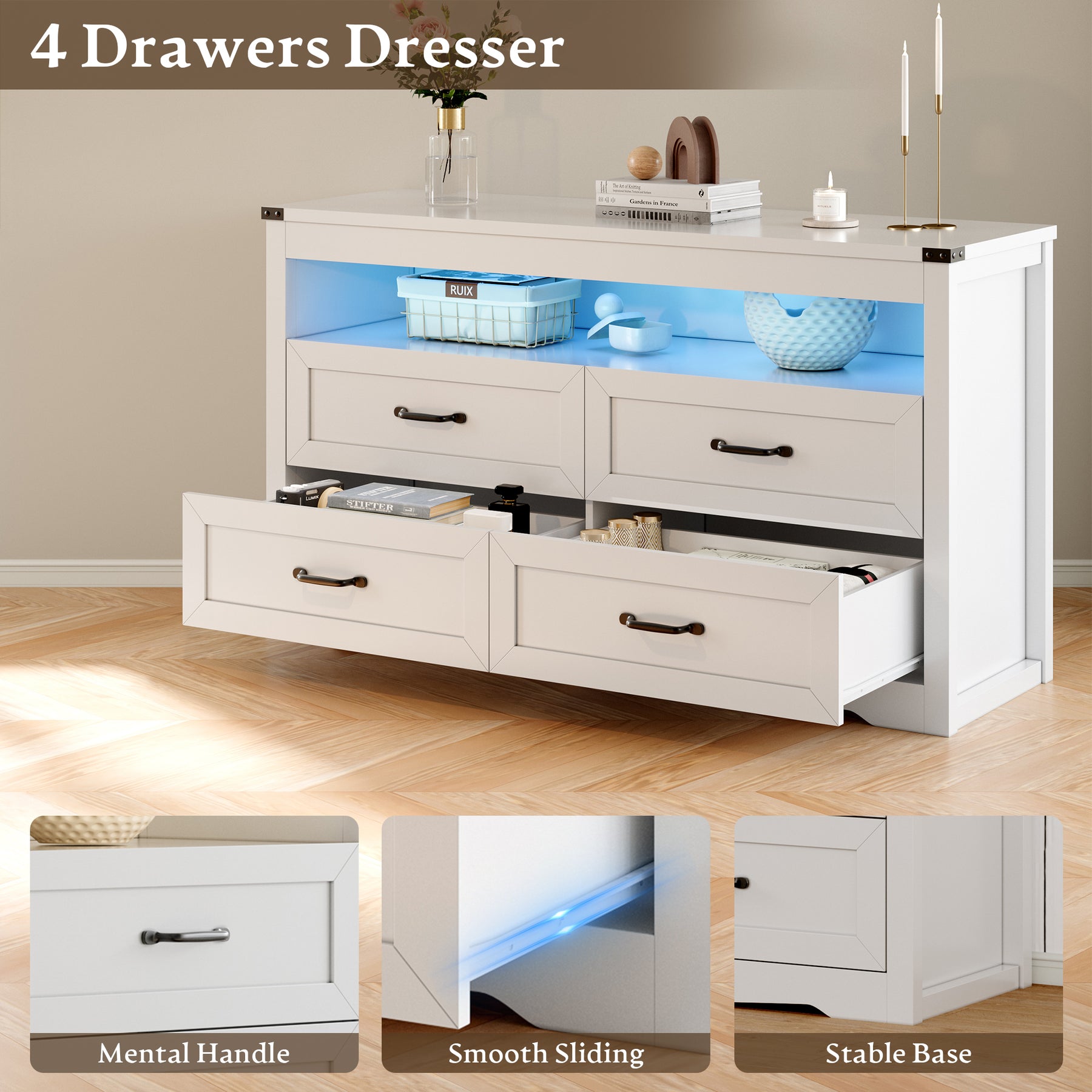 Liora 47" Four-Drawer Dresser with LED Shelf