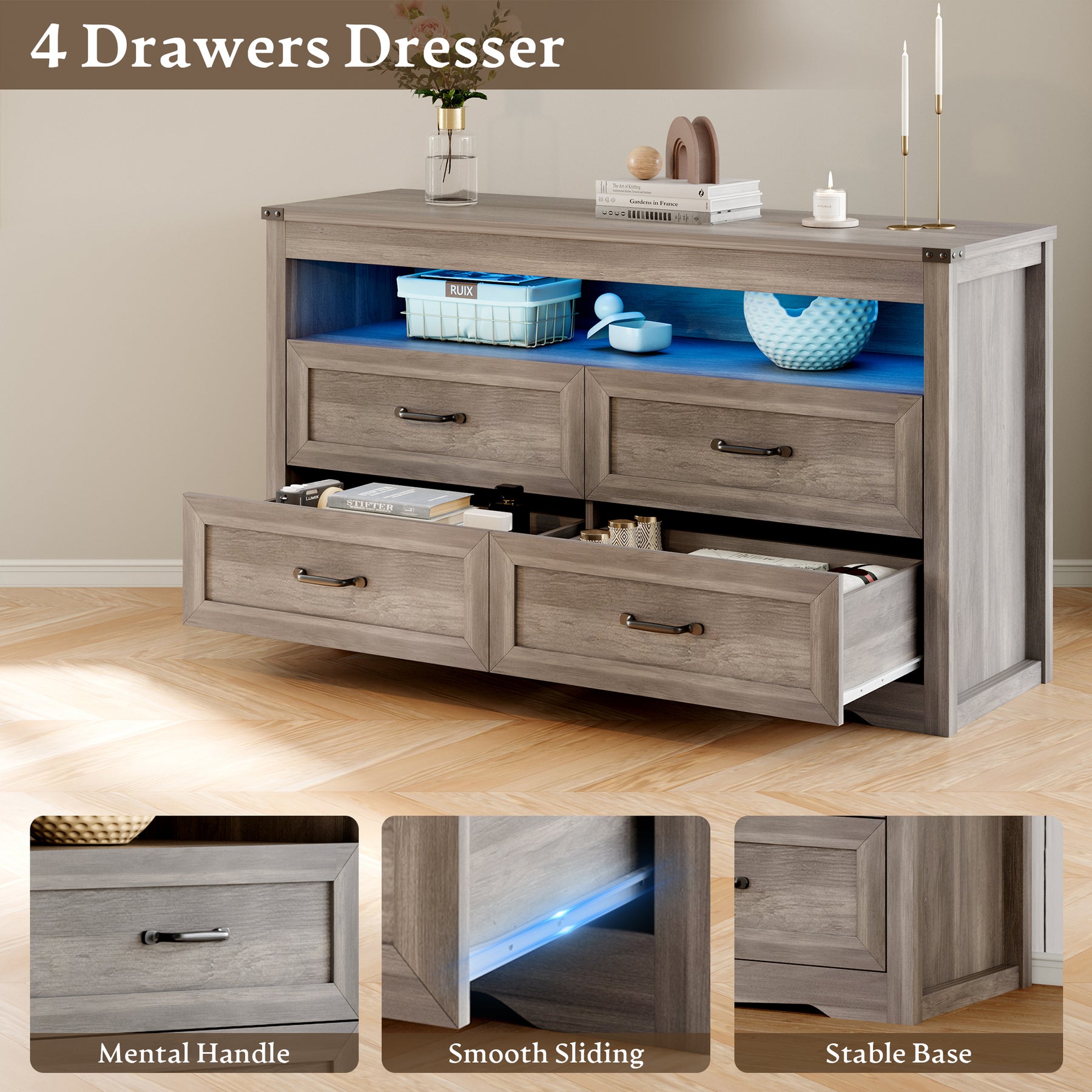 Liora 47" Four-Drawer Dresser with LED Shelf