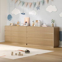 Child playing safely on the floor next to a sturdy fluted oak wood kids dresser