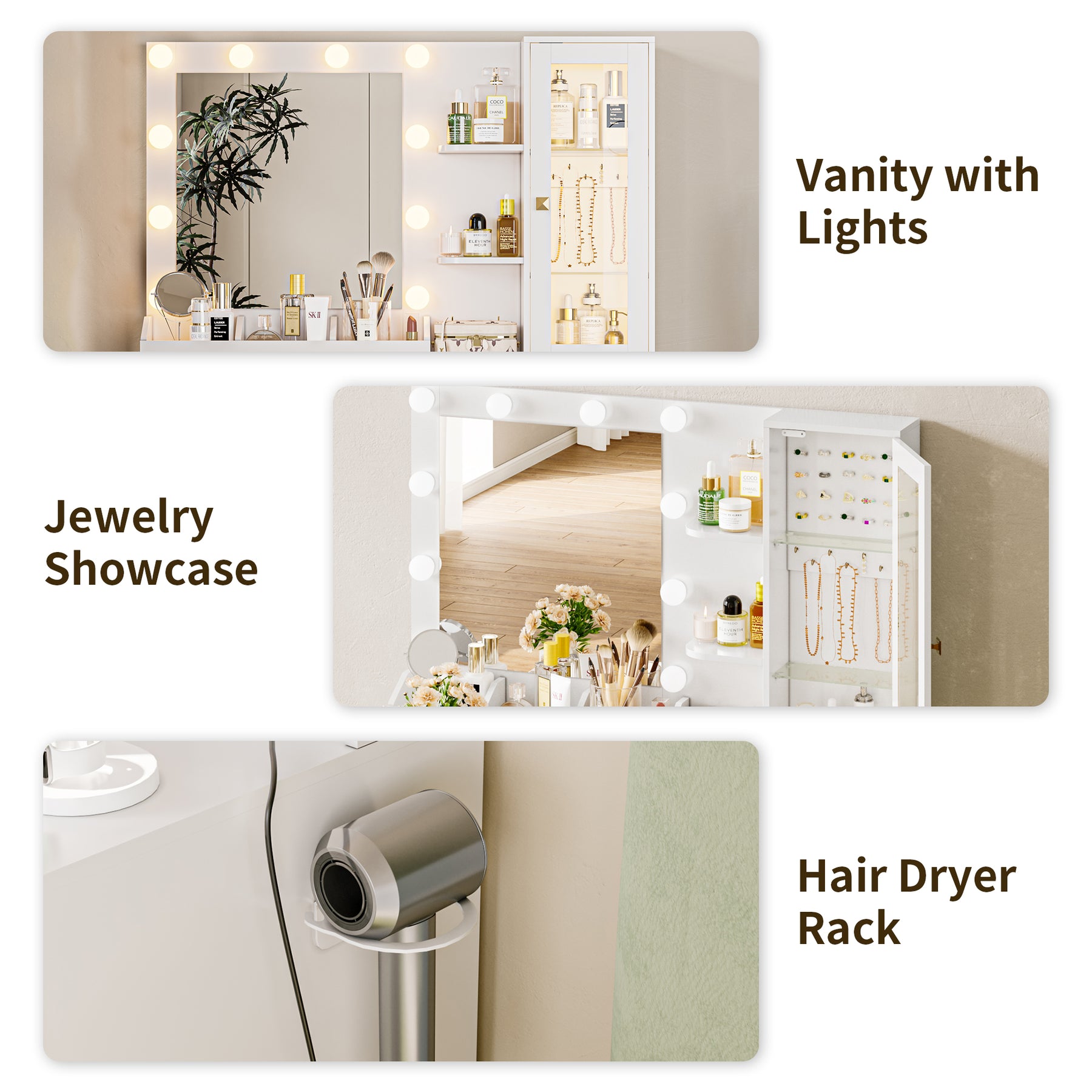 Lighted Makeup Vanity with Jewelry Cabinet
