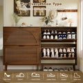 Elora walnut finish flip-drawer cabinet storing sneakers, flats and ankle boots