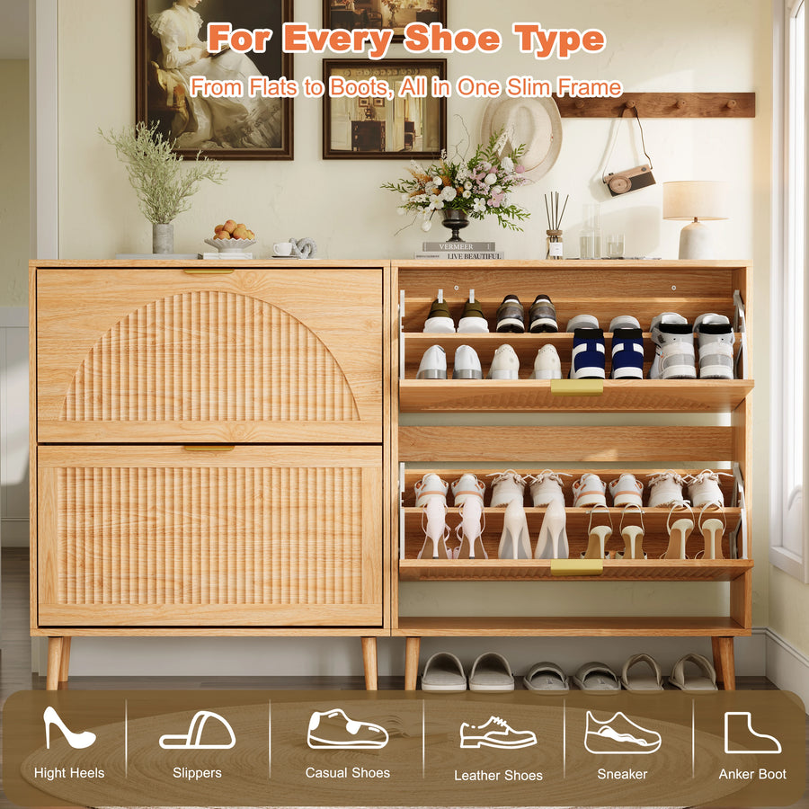 Elora natural oak finish flip-drawer cabinet storing sneakers, flats and ankle boots