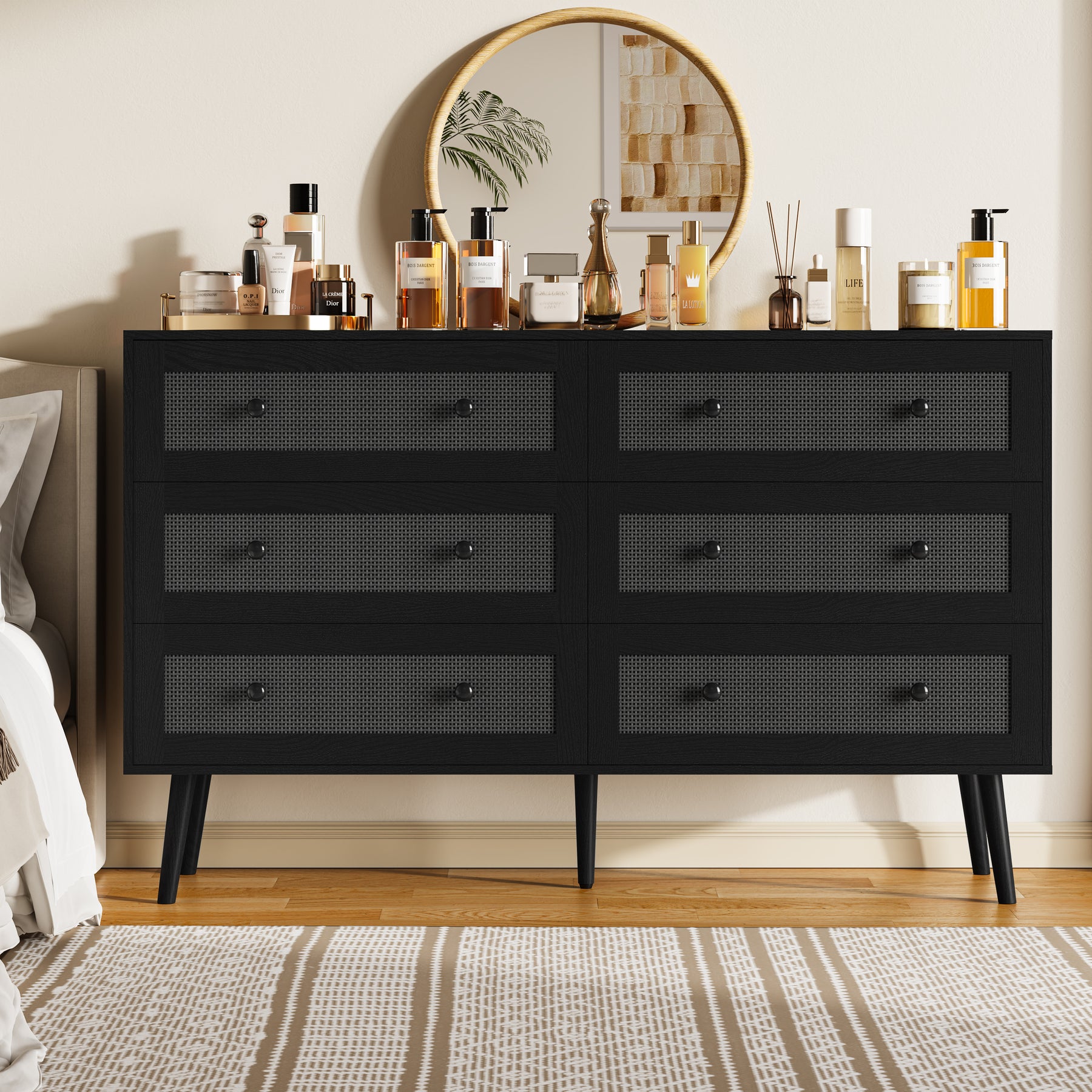 Anymaple Rattan Dresser for Bedroom, 6 Drawer 47.2'' Wide Boho Wood Dresser