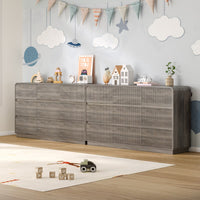 Child playing safely on the floor next to a sturdy fluted gray wood kids dresser