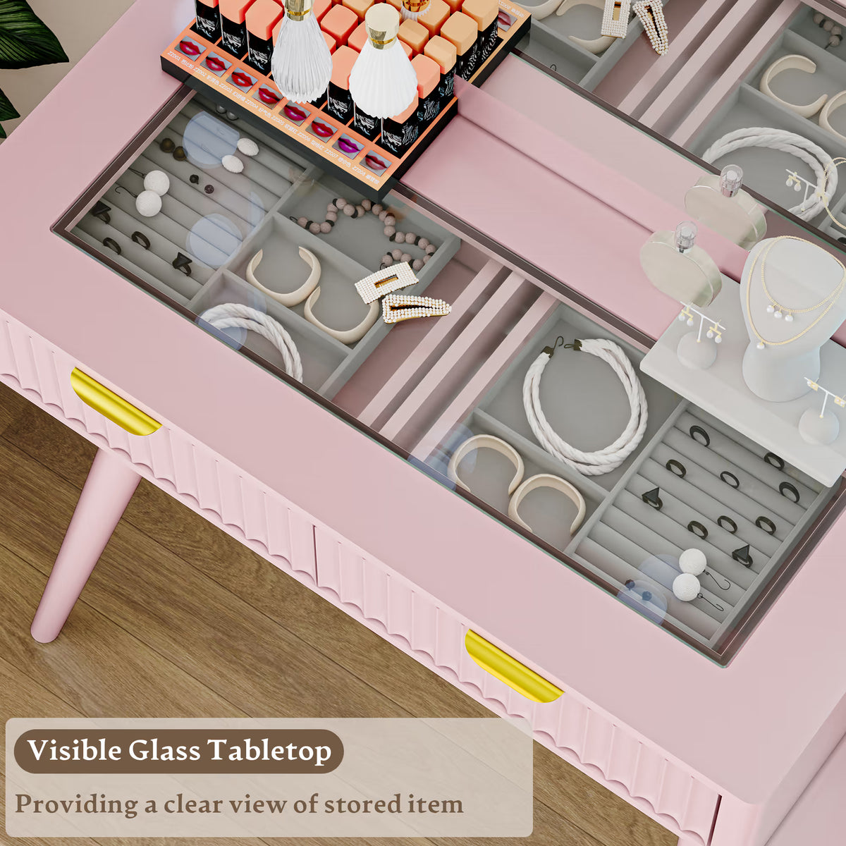 Linea Fluted Makeup Vanity Desk with Mirror & Lights, 5 Drawers| Anymaple