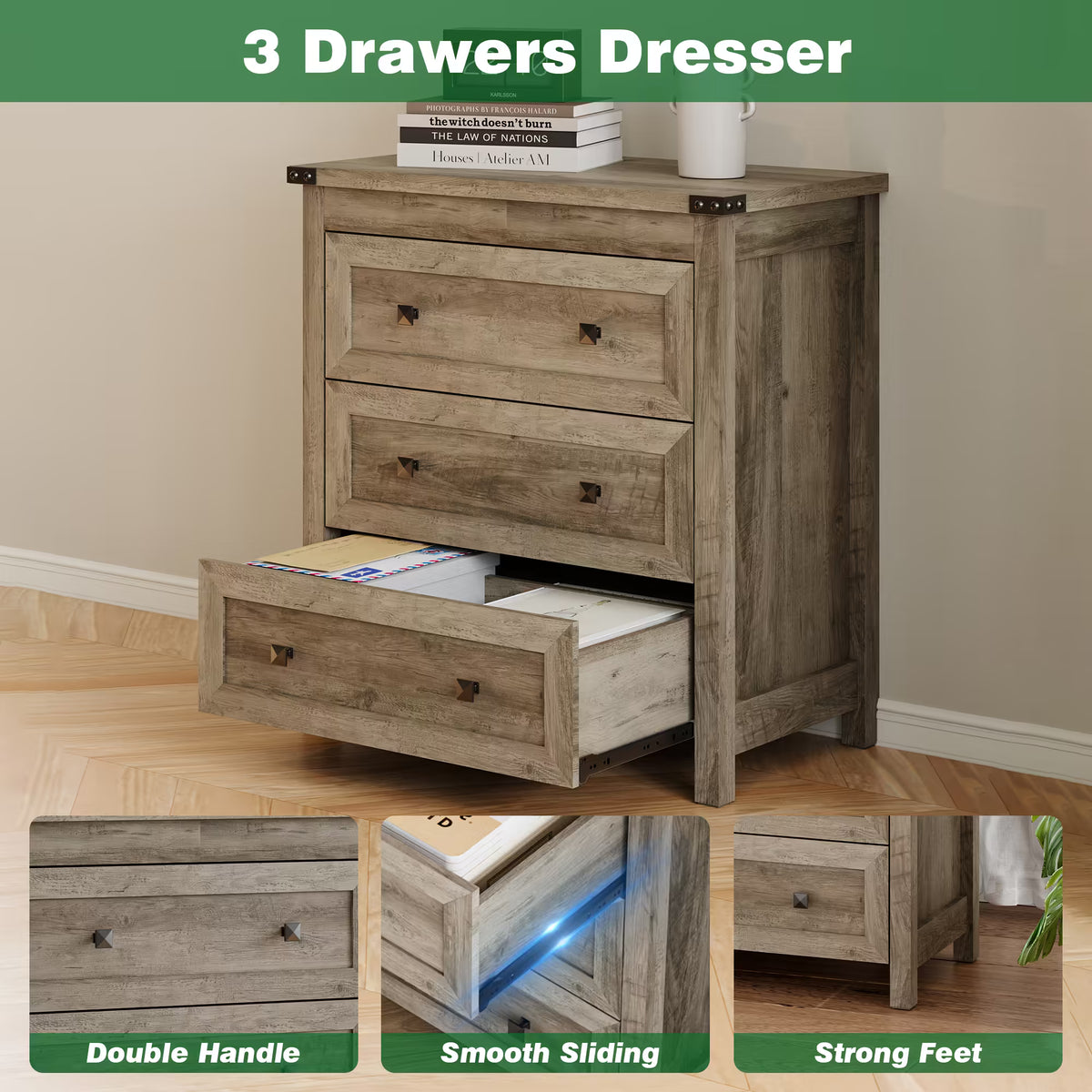 Farmhouse Nightstand with 3 Drawers – Wood Bedside Table