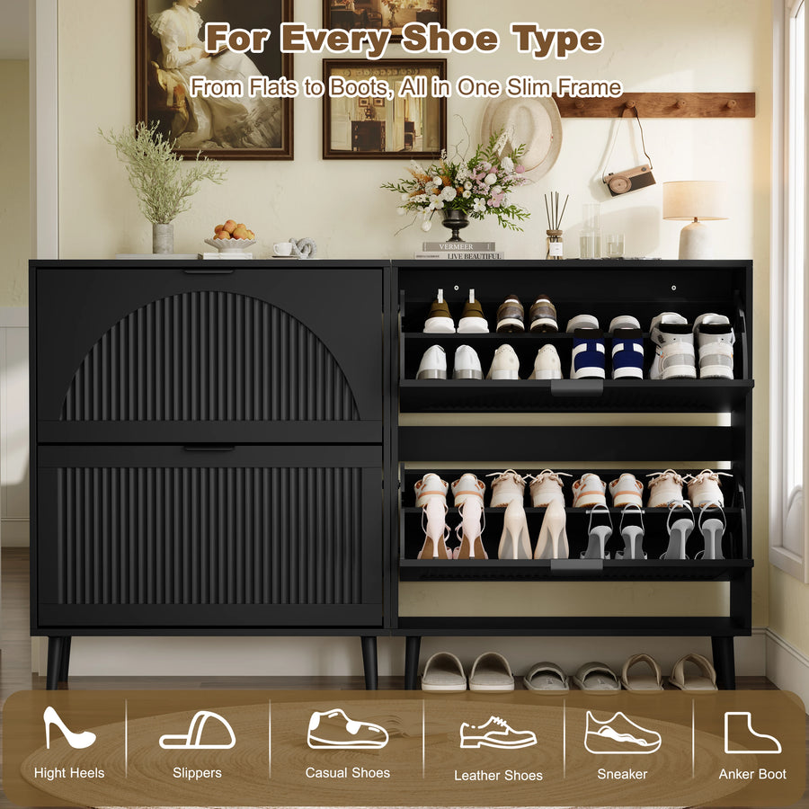 Elora black flip-drawer cabinet storing sneakers, flats and ankle boots