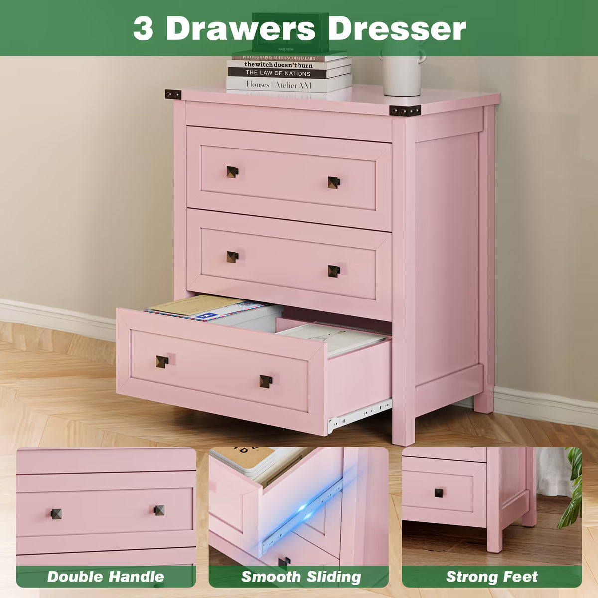 Farmhouse Nightstand with 3 Drawers – Wood Bedside Table