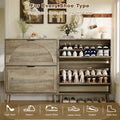 Elora gray oak finish flip-drawer cabinet storing sneakers, flats and ankle boots