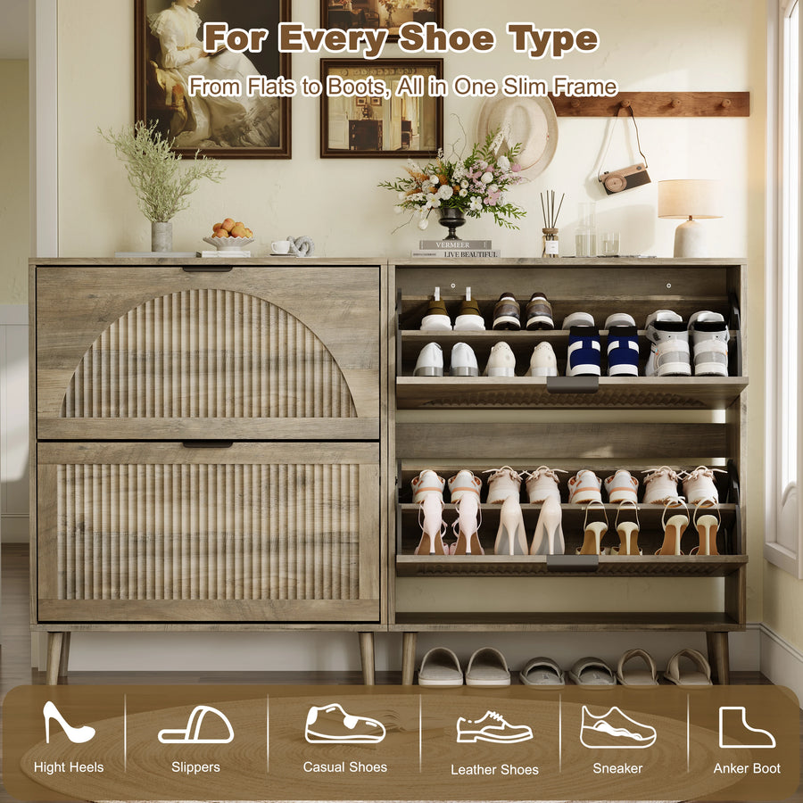 Elora gray oak finish flip-drawer cabinet storing sneakers, flats and ankle boots