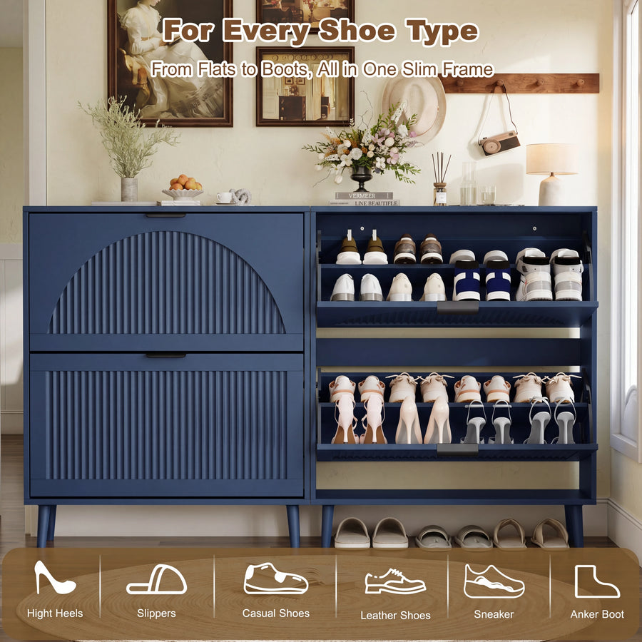 Elora blue flip-drawer cabinet storing sneakers, flats and ankle boots