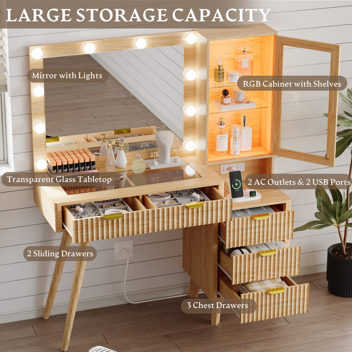 Linea Fluted Makeup Vanity Desk with Mirror & Lights, 5 Drawers| Anymaple