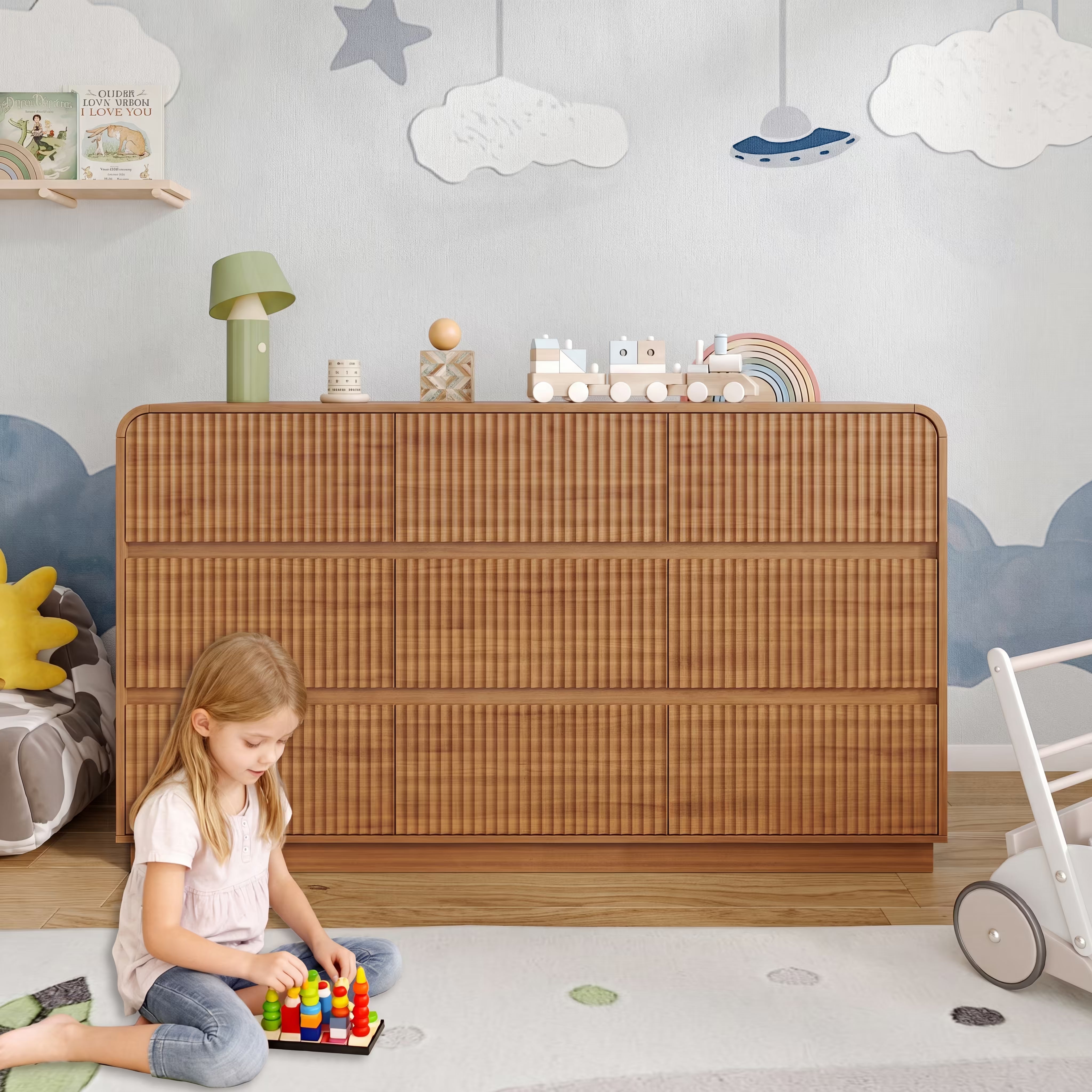 Mother and baby enjoying a clean and organized nursery with our premium walnut wood dresser