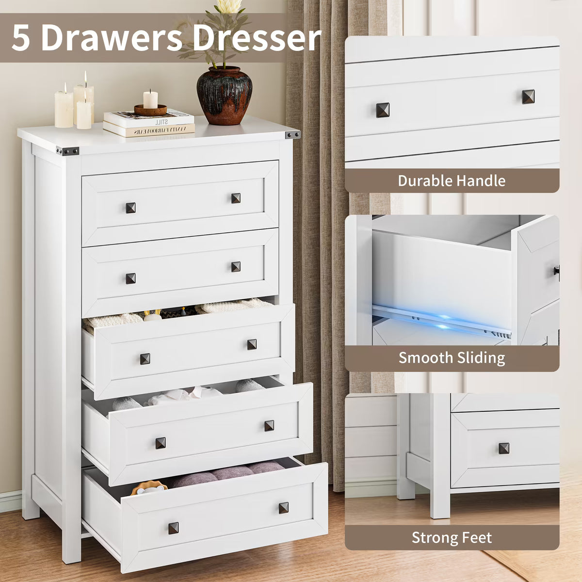 Ashford 5-Drawer Tall Dresser with Modern Bedroom Storage & Metal Handles | ANYMAPLE