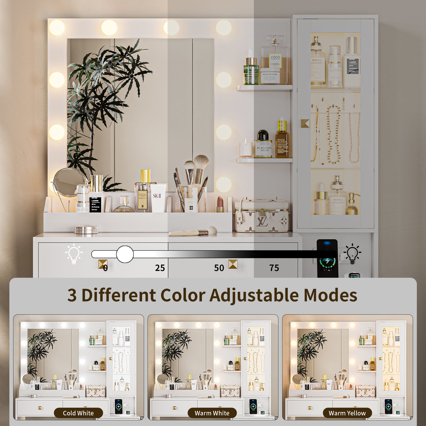 Lighted Makeup Vanity with Jewelry Cabinet