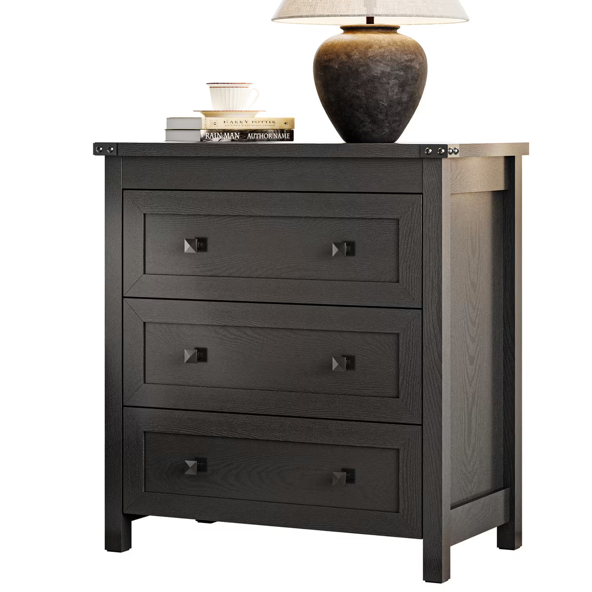 Farmhouse Nightstand with 3 Drawers – Wood Bedside Table