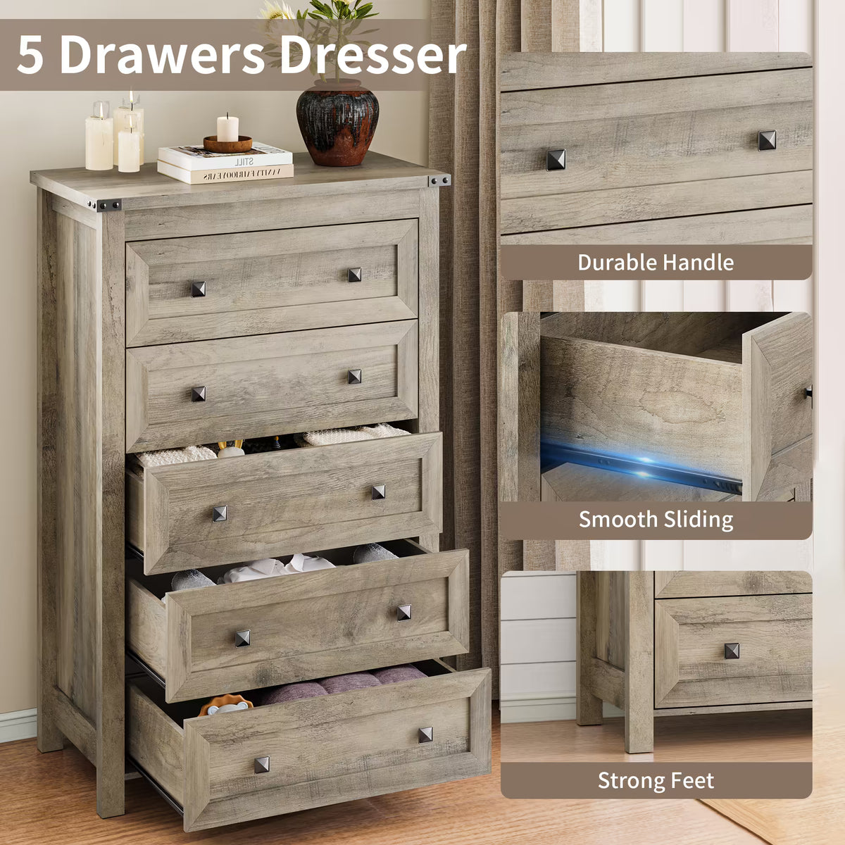 Ashford 5-Drawer Tall Dresser with Modern Bedroom Storage & Metal Handles | ANYMAPLE