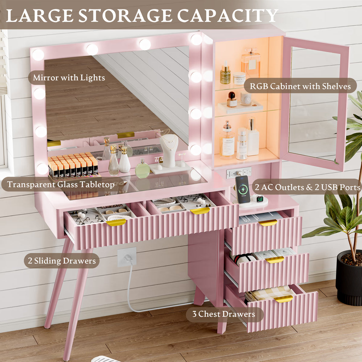 Linea Fluted Makeup Vanity Desk with Mirror & Lights, 5 Drawers| Anymaple