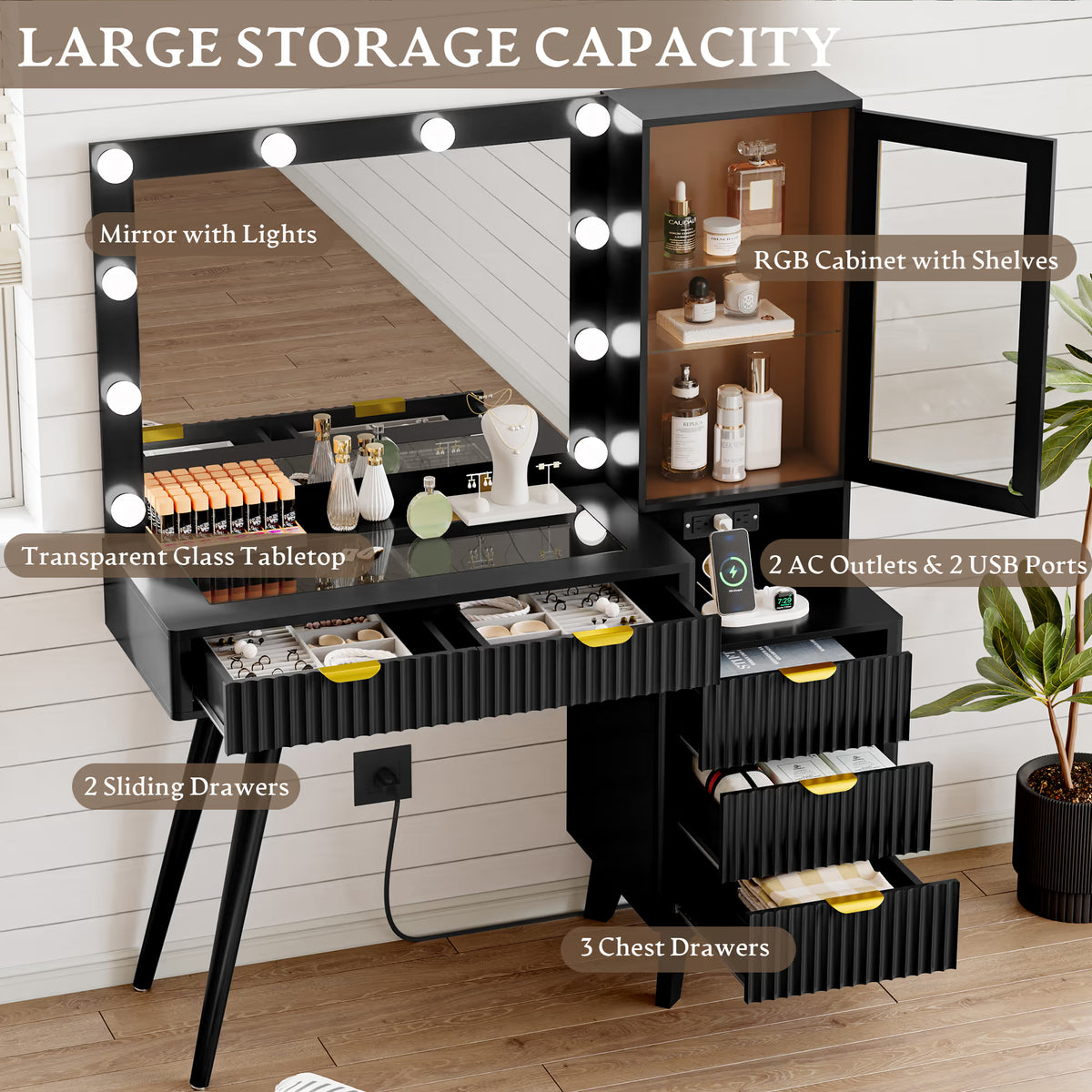 Linea Fluted Makeup Vanity Desk with Mirror & Lights, 5 Drawers| Anymaple