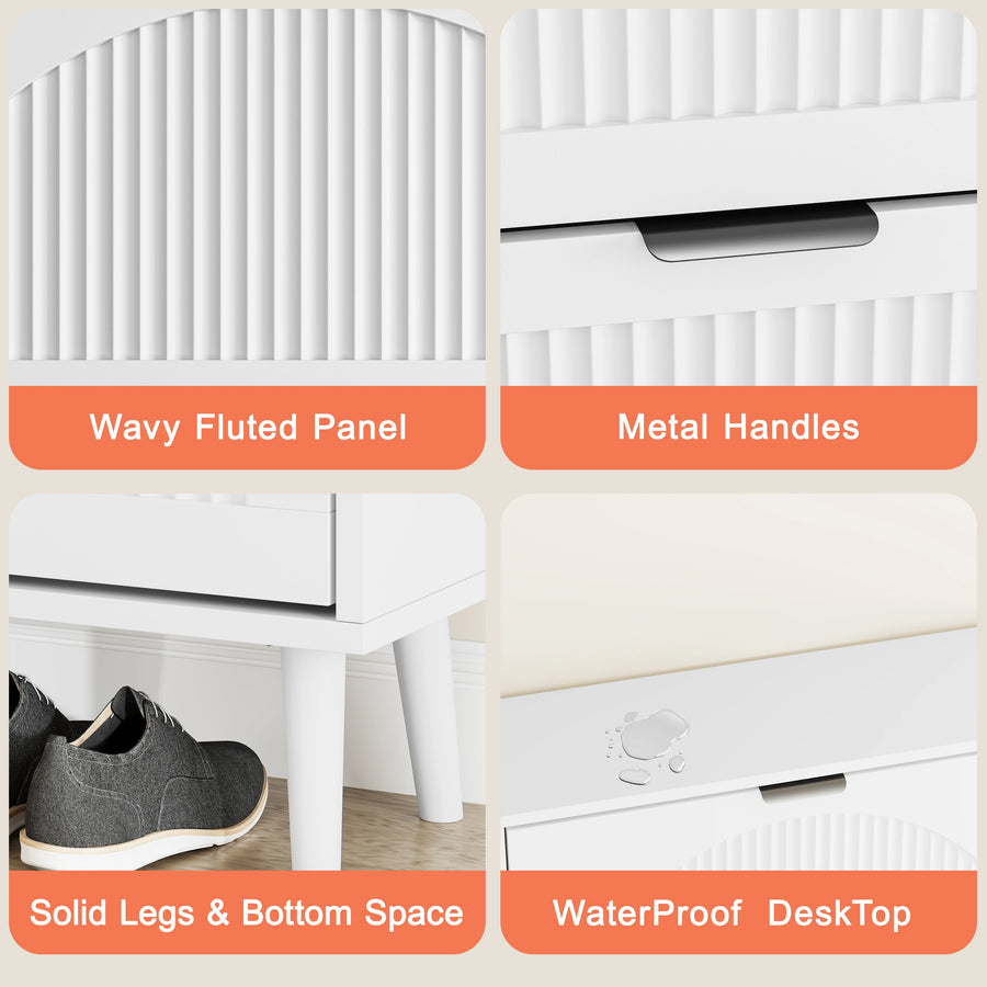 Elora white shoe cabinet details: fluted doors, metal handles and raised legs