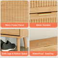 Elora natural oak finish shoe cabinet details: fluted doors, metal handles and raised legs