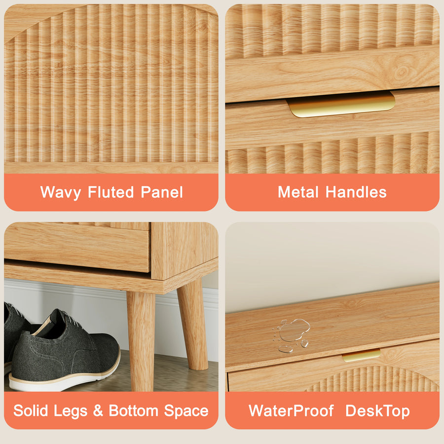 Elora natural oak finish shoe cabinet details: fluted doors, metal handles and raised legs