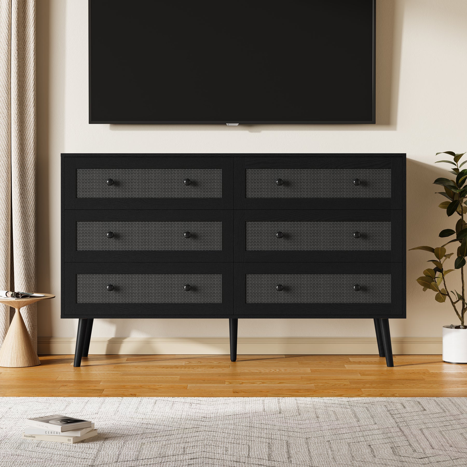 Anymaple Rattan Dresser for Bedroom, 6 Drawer 47.2'' Wide Boho Wood Dresser