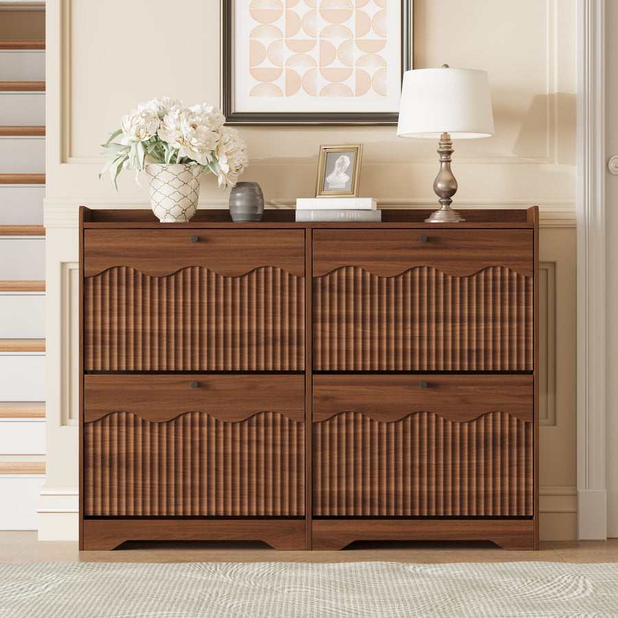 Wave-Edge Fluted Shoe Cabinet with 4 Flip Drawers