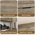 Elora gray oak finish shoe cabinet details: fluted doors, metal handles and raised legs