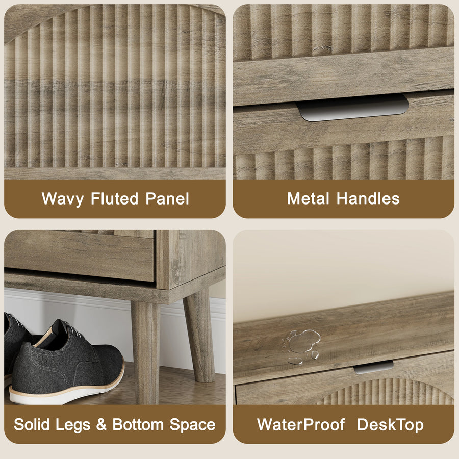 Elora gray oak finish shoe cabinet details: fluted doors, metal handles and raised legs