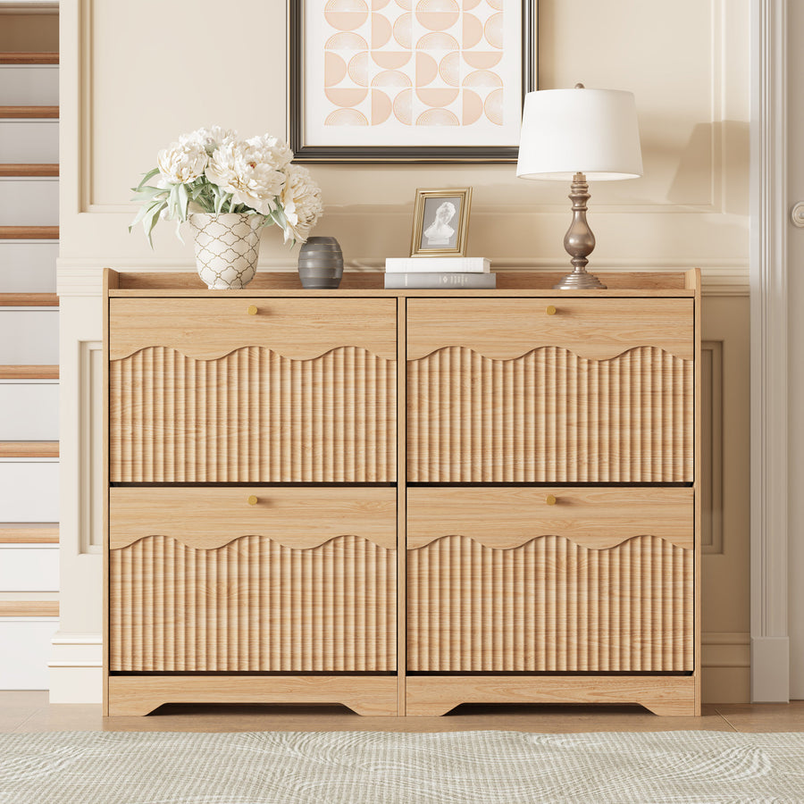 Wave-Edge Fluted Shoe Cabinet with 4 Flip Drawers