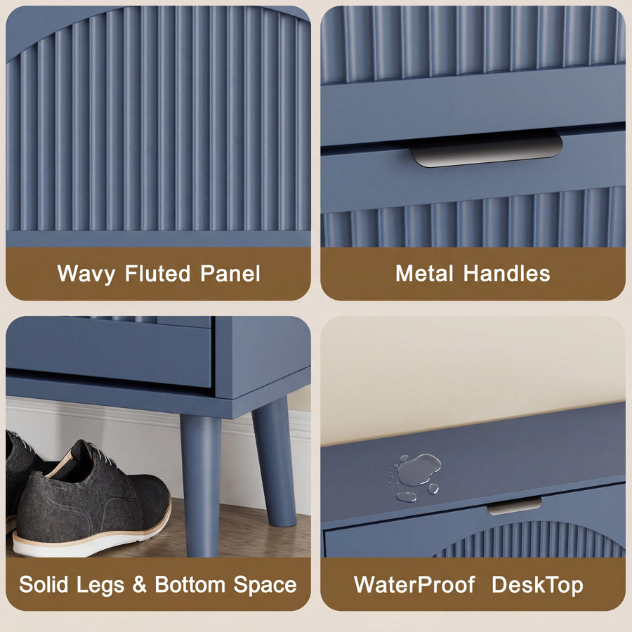Elora blue shoe cabinet details: fluted doors, metal handles and raised legs