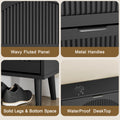 Elora black shoe cabinet details: fluted doors, metal handles and raised legs