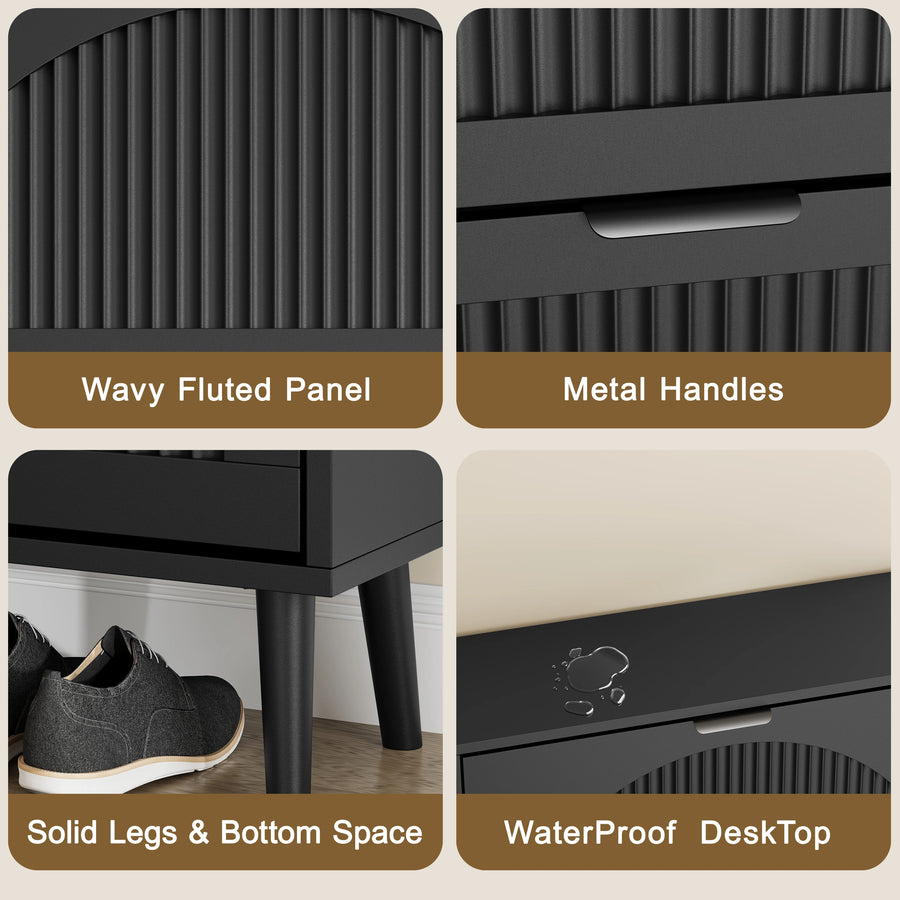Elora black shoe cabinet details: fluted doors, metal handles and raised legs