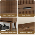 Elora walnut finish shoe cabinet details: fluted doors, metal handles and raised legs